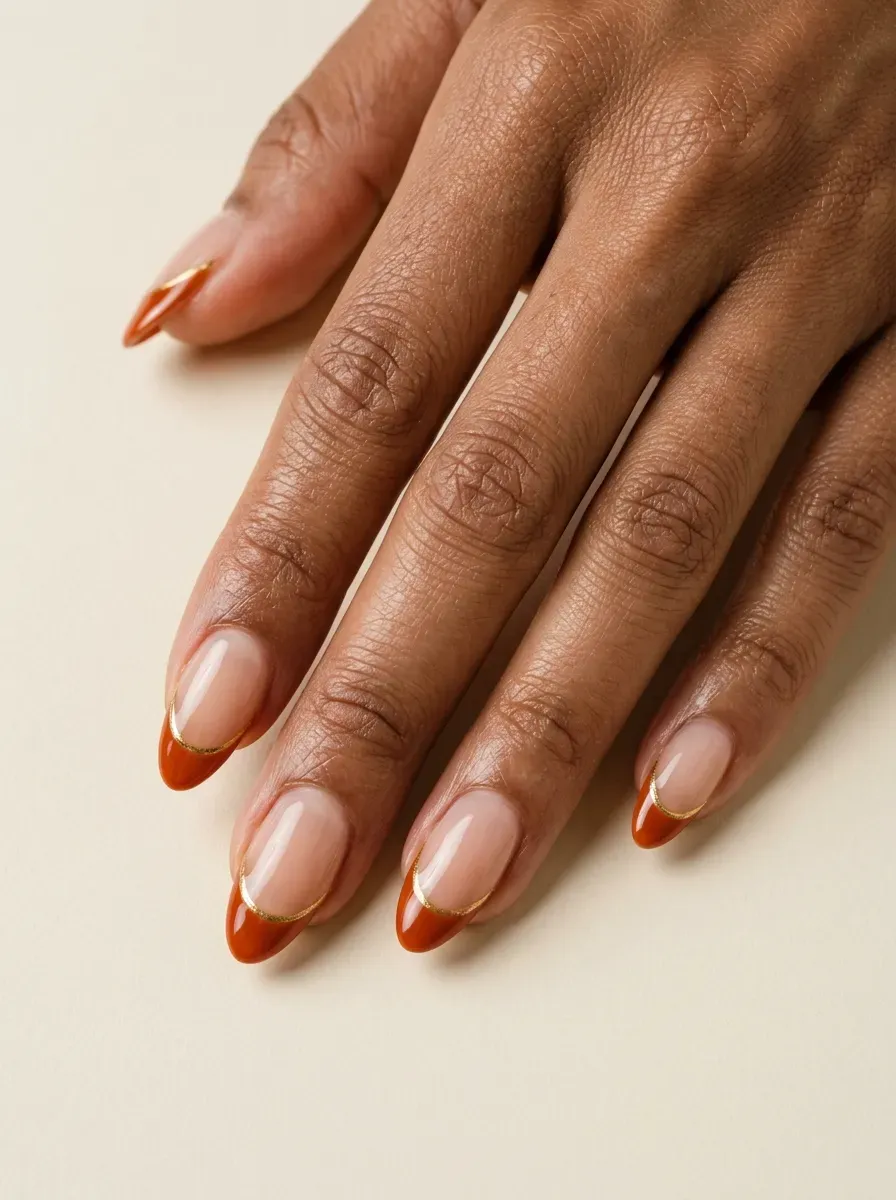 Burnt orange French tips outlined with delicate gold lines on almond nails