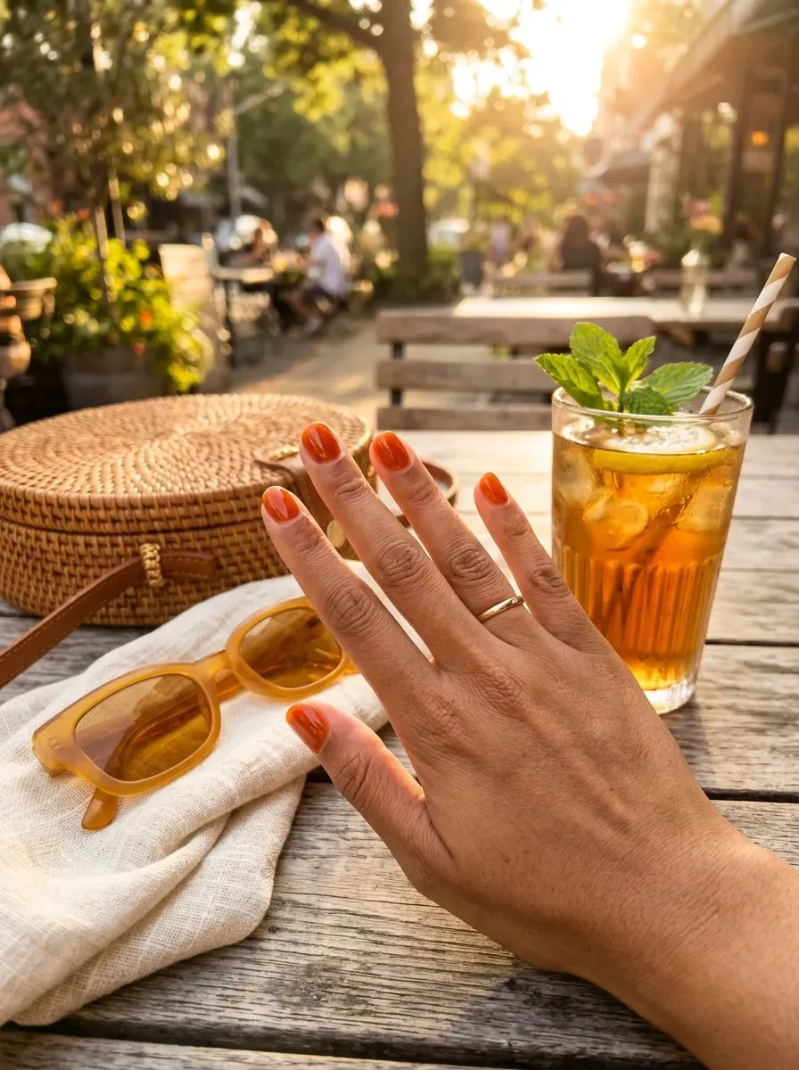 Short rounded nails layered with translucent burnt orange jelly polish