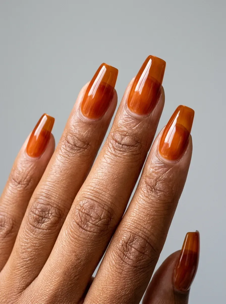 Translucent burnt orange jelly nails with glossy glass-like finish