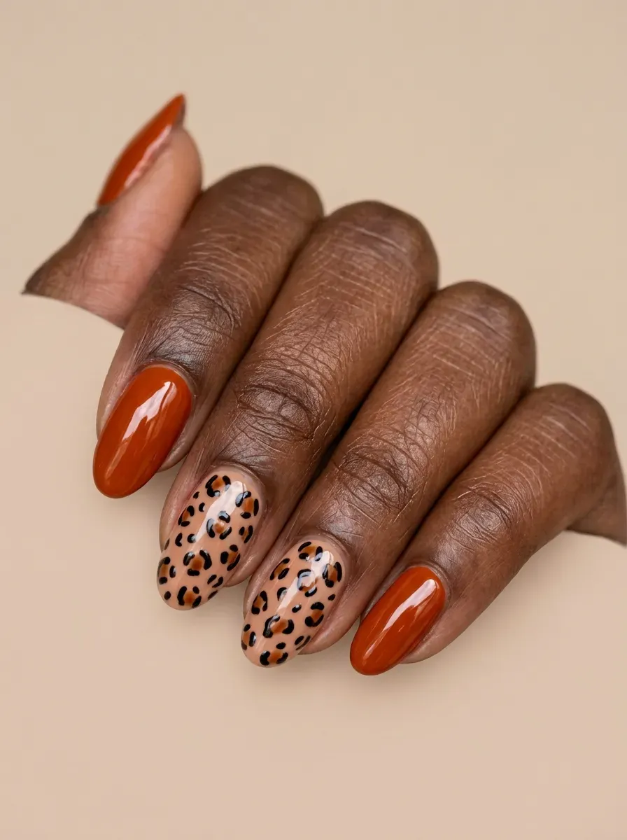 Burnt orange manicure with subtle brown and black leopard accent nails