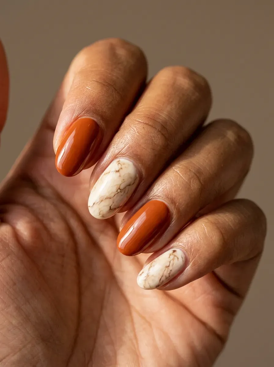 Burnt orange manicure with cream marble accent nails and fine brown veins
