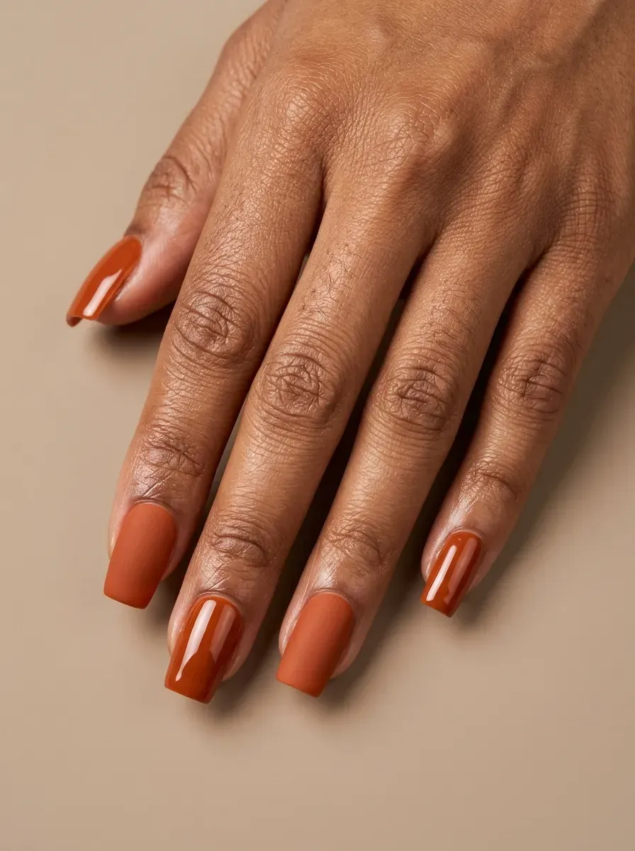 Burnt orange manicure combining matte and glossy finish on alternating nails