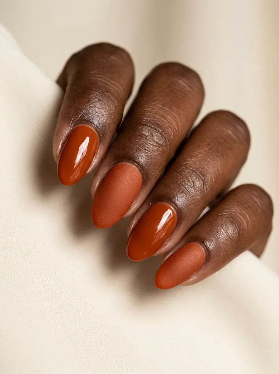 Short almond nails combining matte and glossy burnt orange gel finishes
