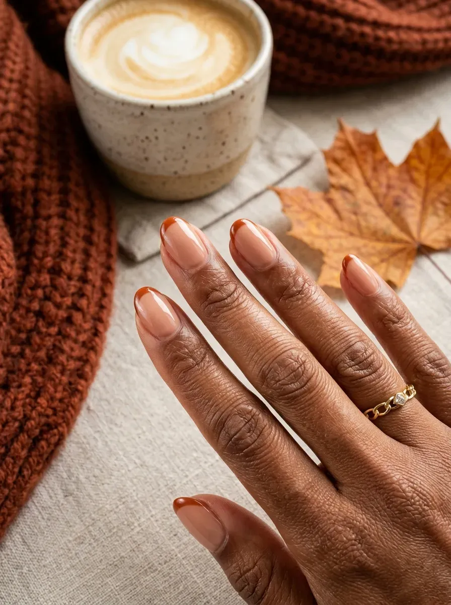 Short nude nails with burnt orange micro French tips on brown skin