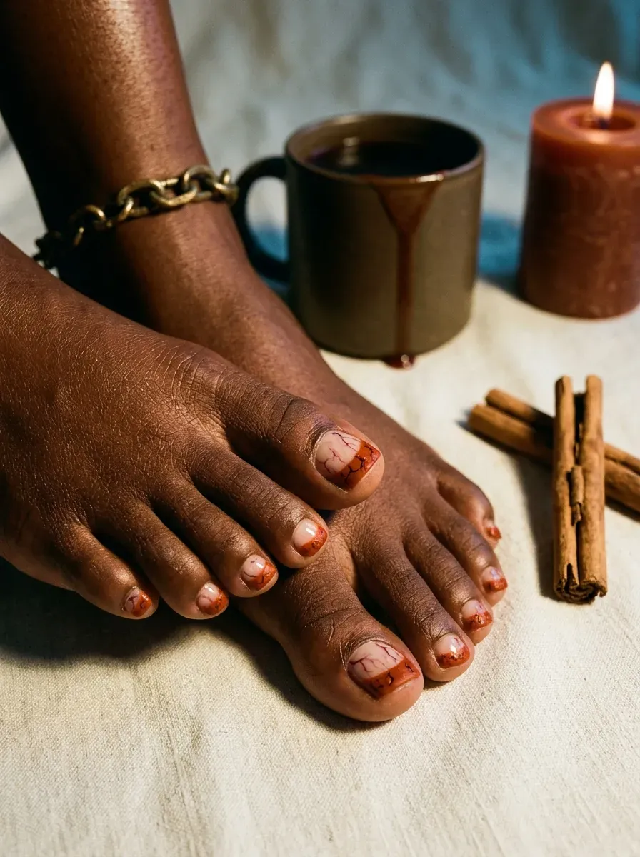 Burnt orange micro French tips on short toenails with deep brown skin