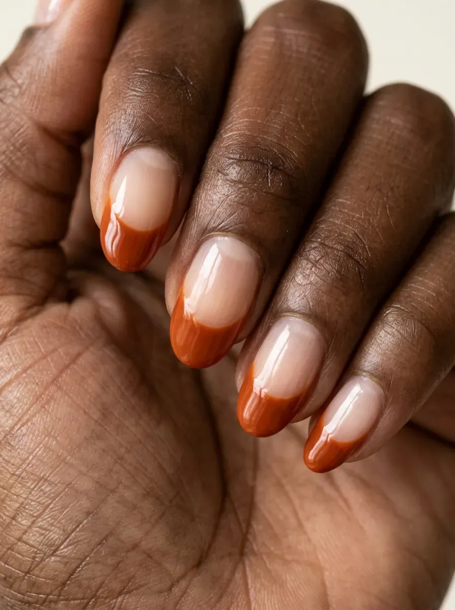 Burnt orange half moon manicure with negative space on oval nails