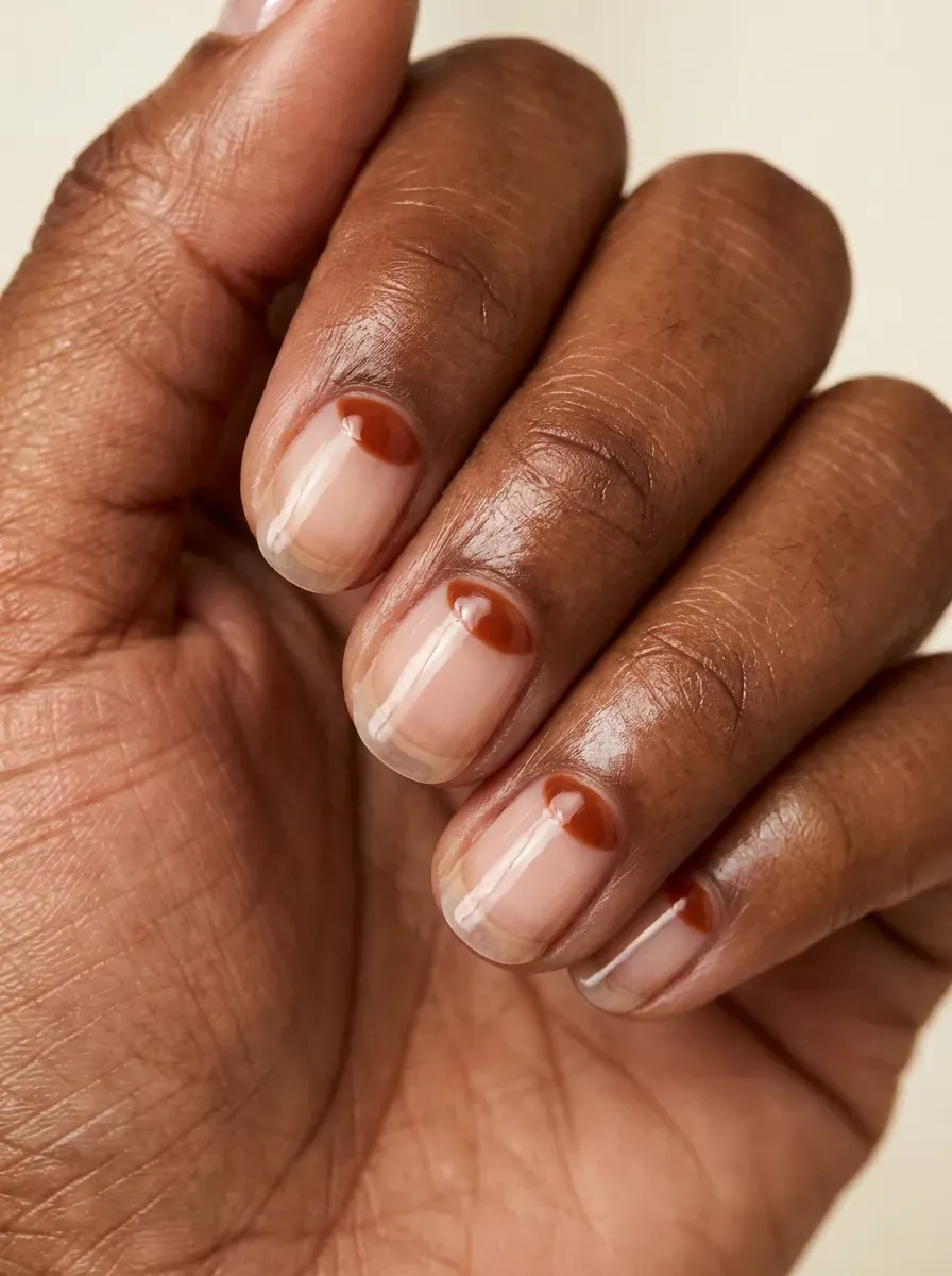 Short rounded nails with burnt orange half moon gel design on warm brown skin