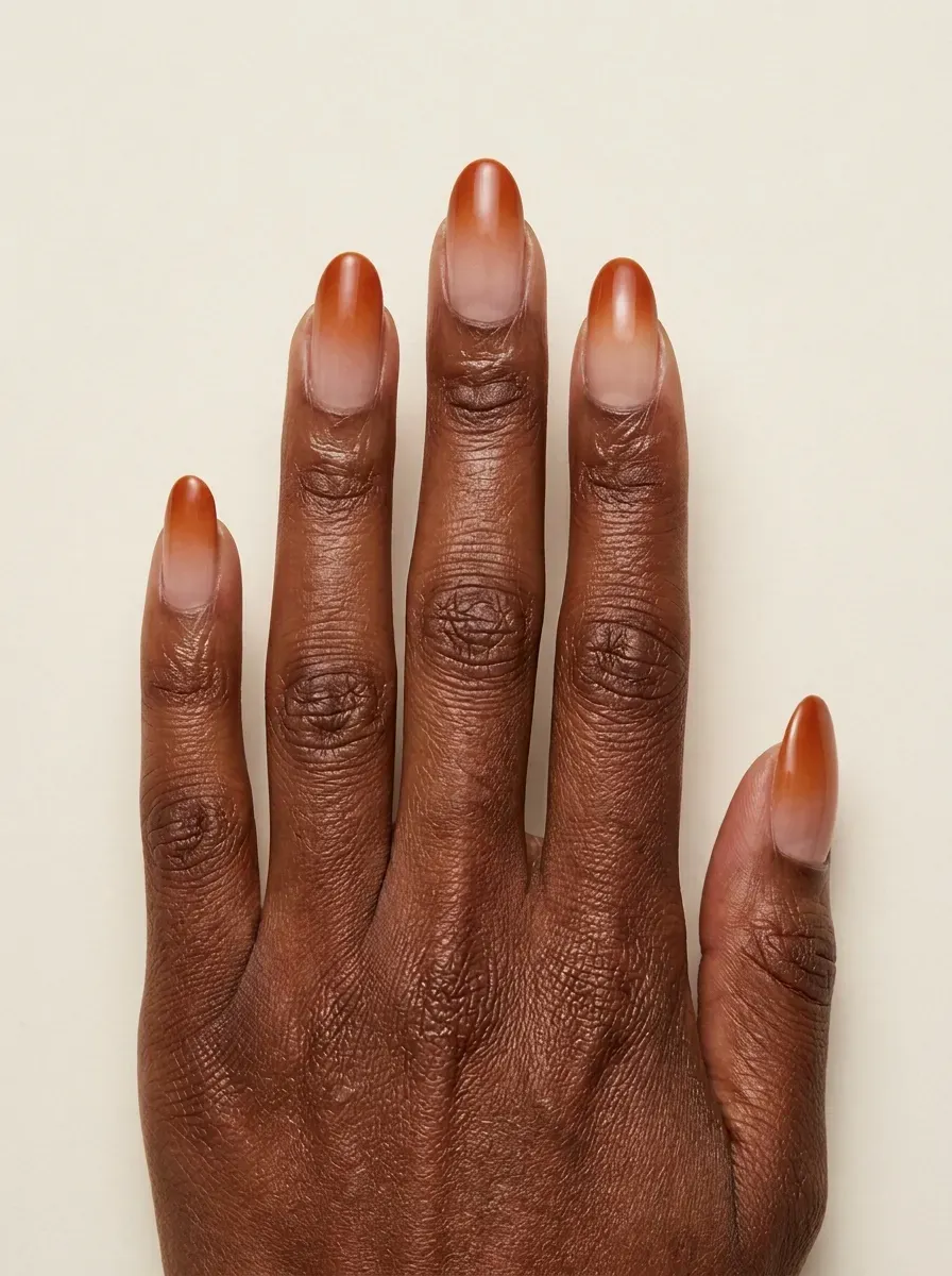 Burnt orange fading into nude on tapered almond nails with glossy finish