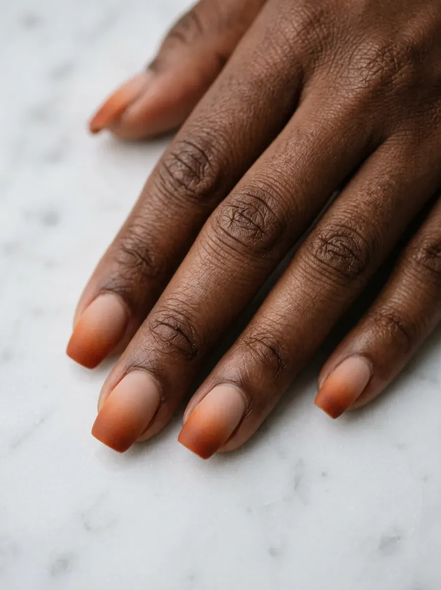 Ombre fade nails blending nude into burnt orange at the tip