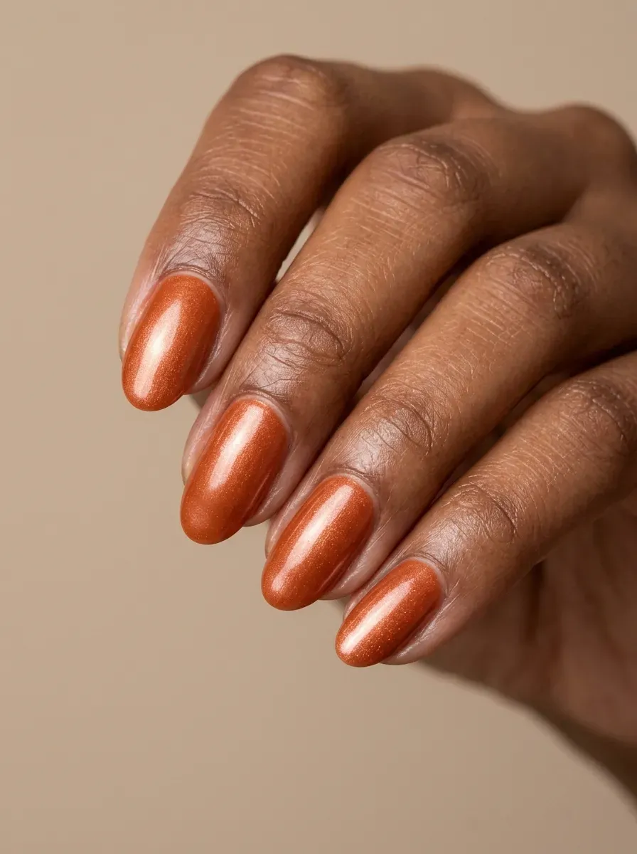 Burnt orange nails with subtle pearl shimmer and glossy reflective finish