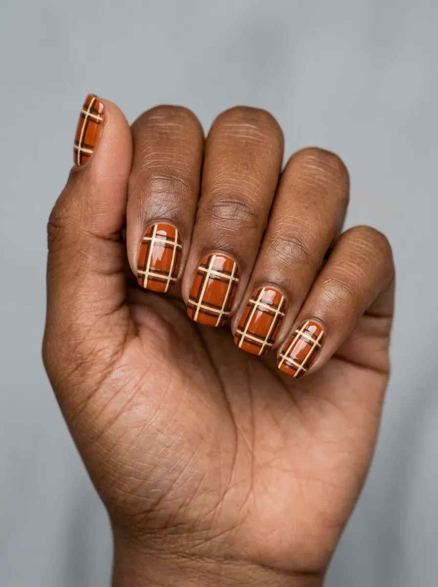 Burnt orange plaid pattern with cream and brown lines on short nails