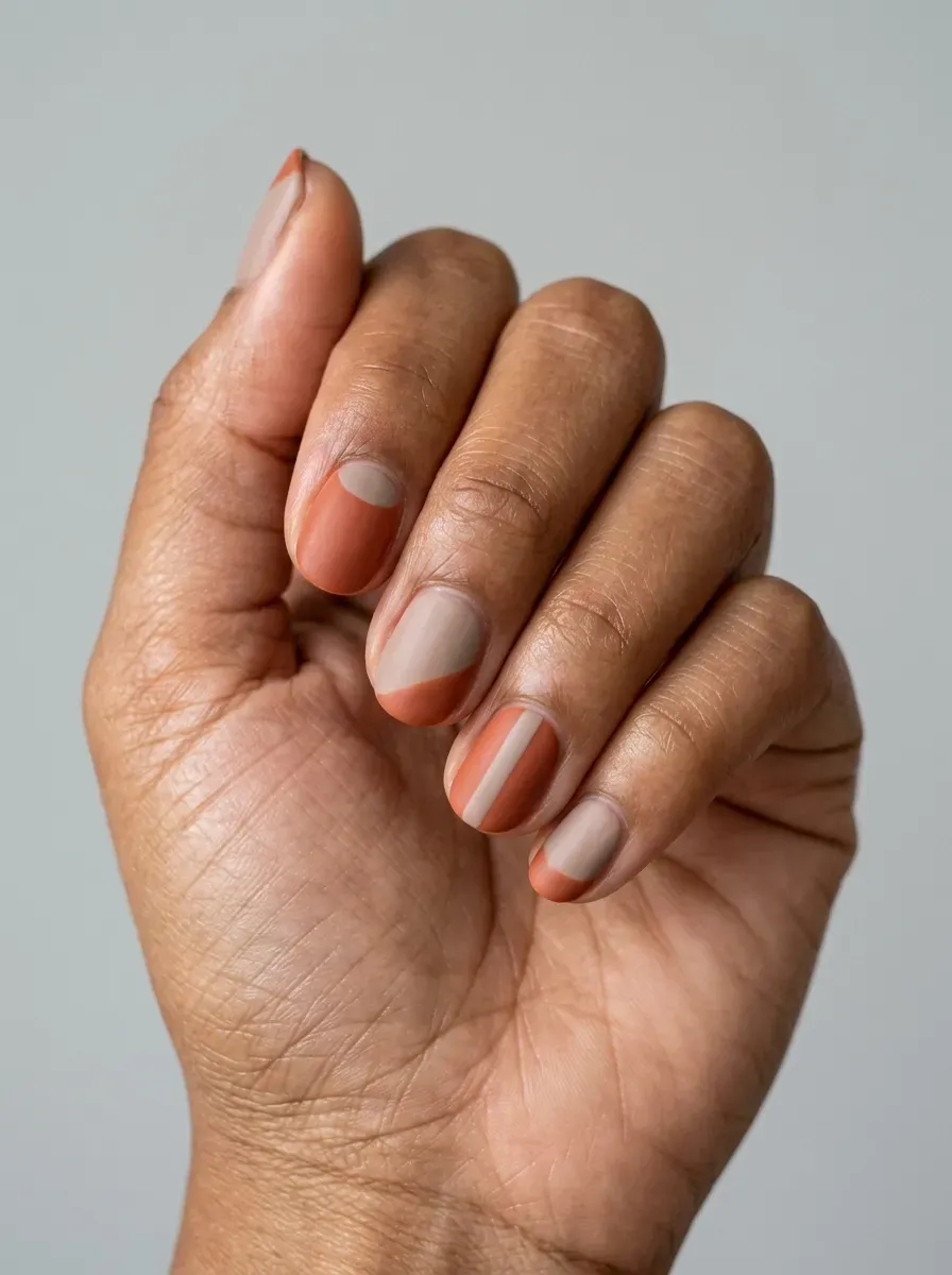 Burnt orange and taupe minimalist blocks on short rounded nails