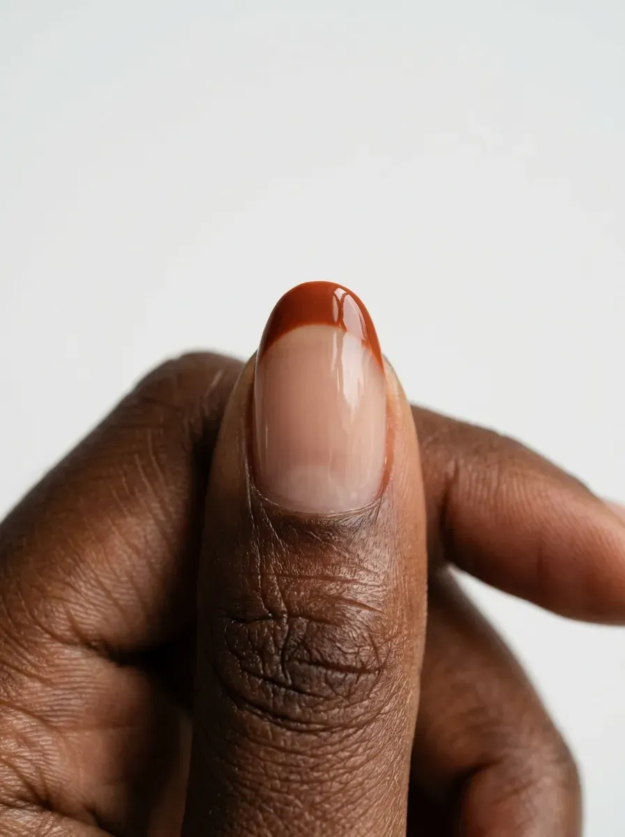 Burnt orange French tip over a sheer nude polish base