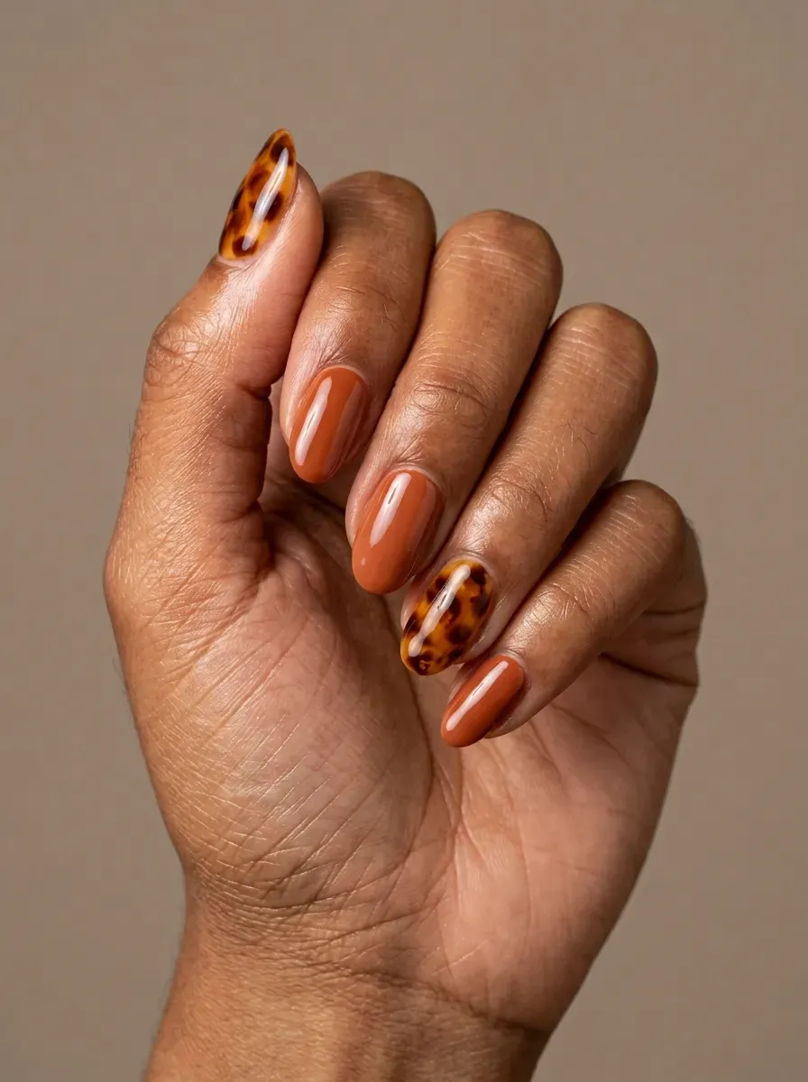 Burnt orange manicure with translucent tortoiseshell accent nails