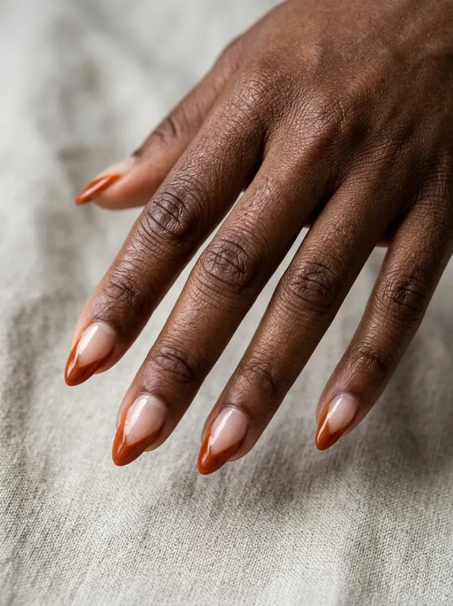 V-shaped burnt orange French tip nail design