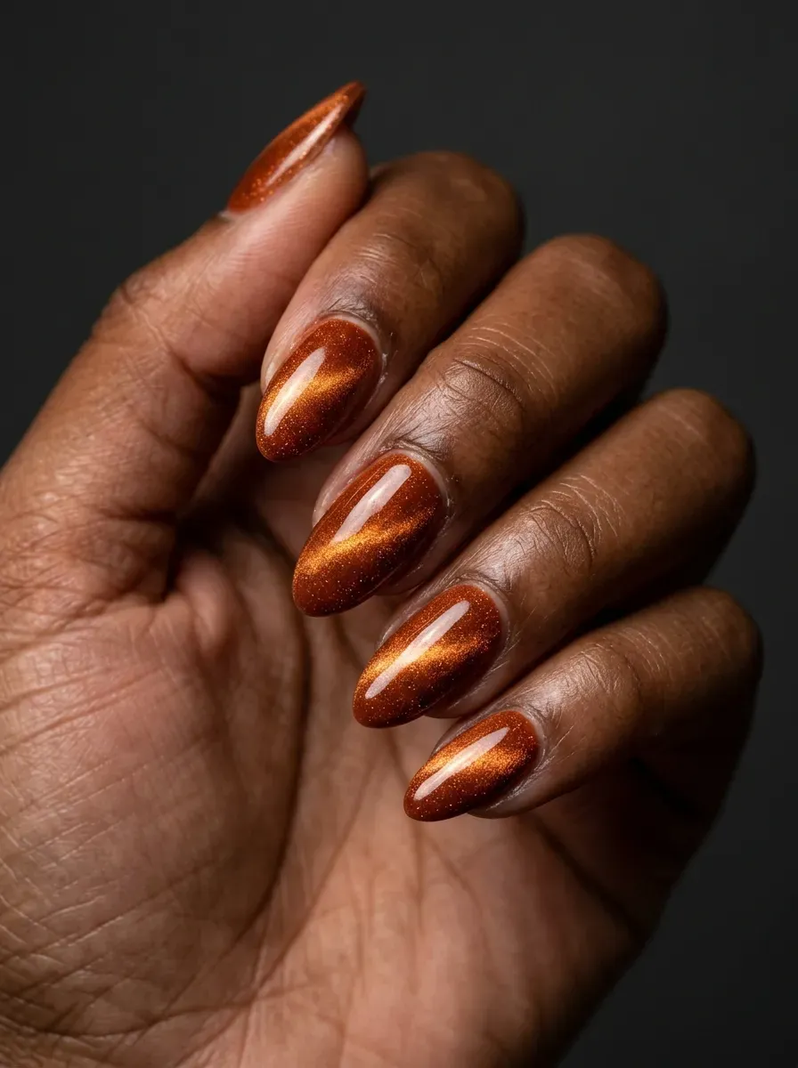 Burnt orange velvet cat-eye nails with luminous diagonal reflections