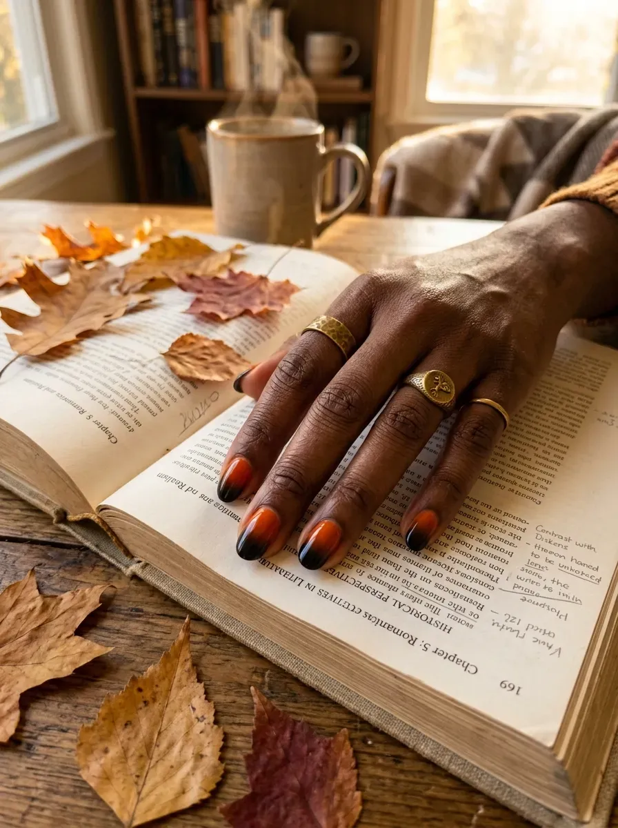 Smooth gradient transition from burnt orange to black nail tips