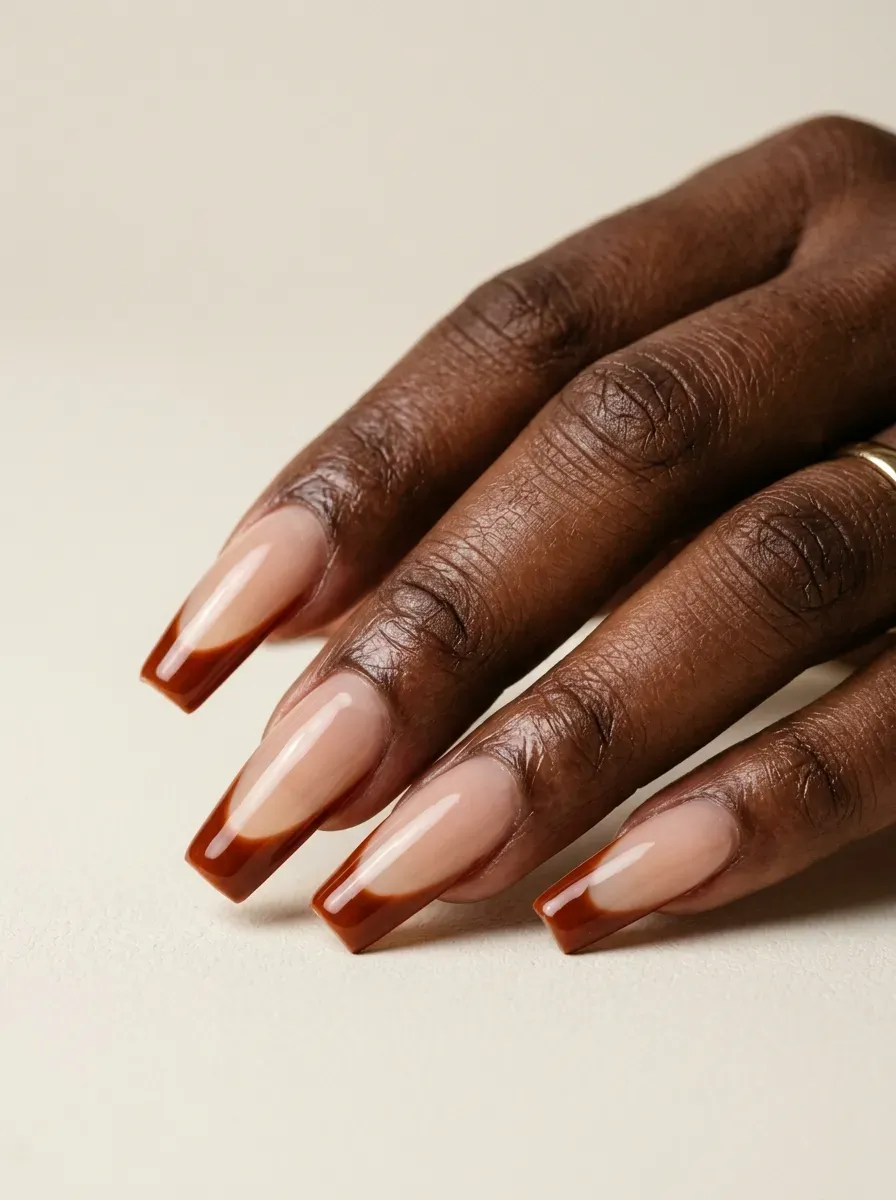 Long coffin nails with burnt sienna French gel tips over nude bases