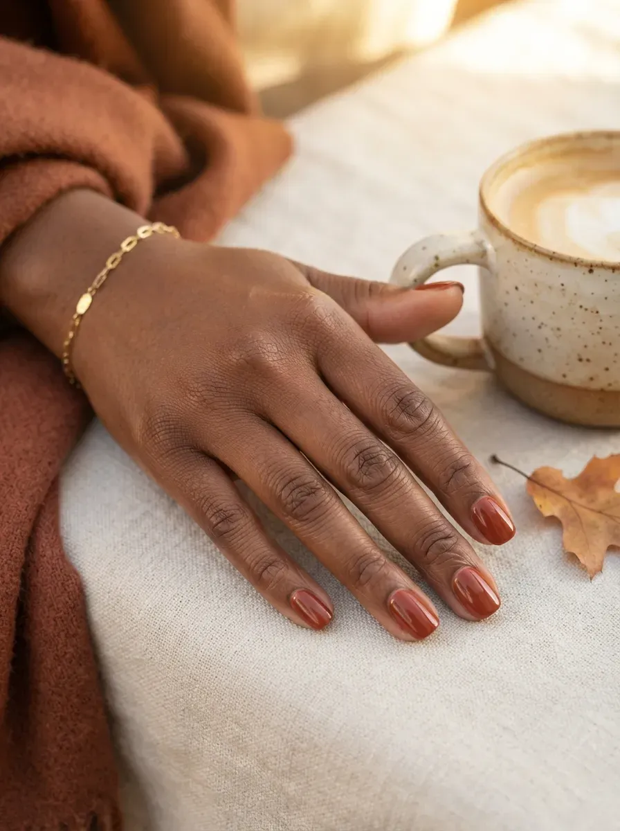 Burnt terracotta short nails on deep chestnut skin with rust styling