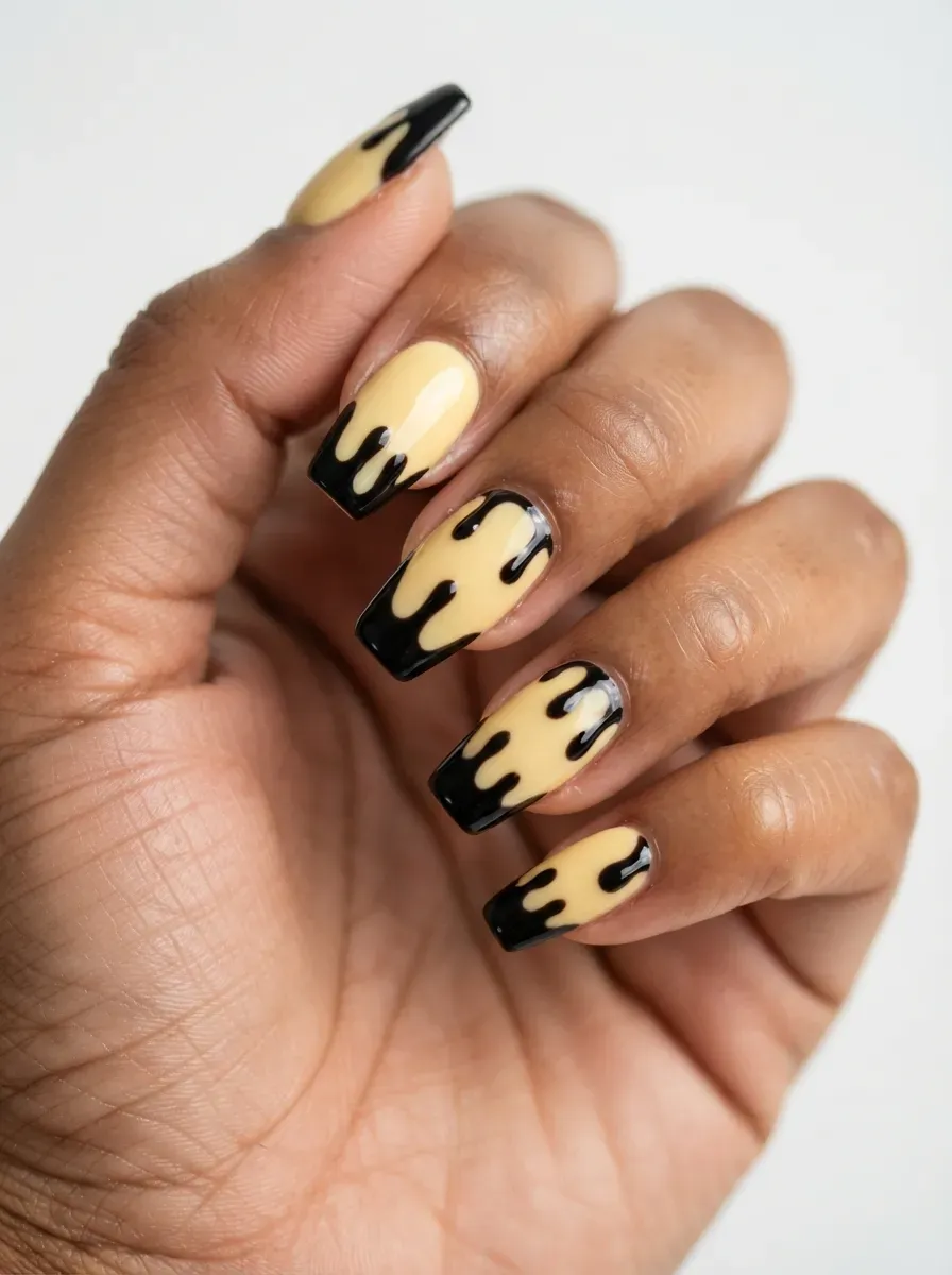 Butter yellow nails with glossy black drip tips on brown skin with warm undertones