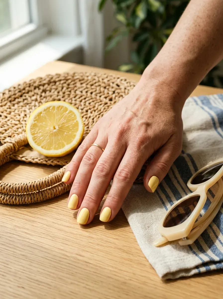Short squoval nails painted with creamy pastel butter yellow polish