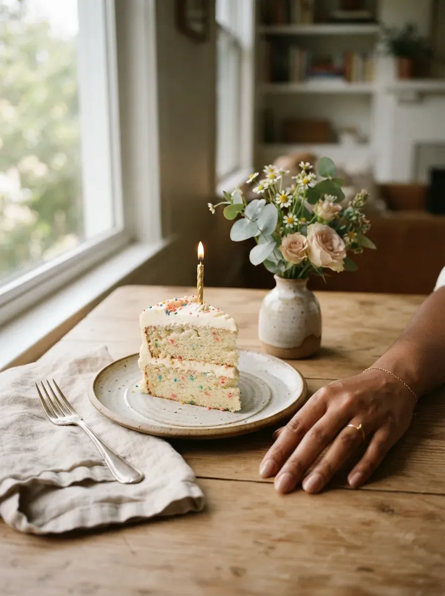 Hand with marbled cake batter swirl nail art resting near a birthday cake slice