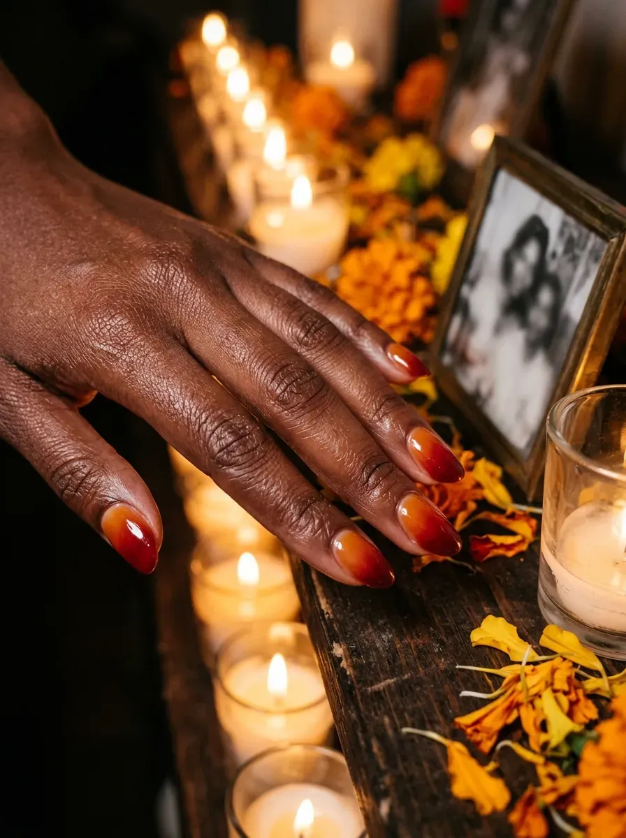 Nails with a warm amber to deep red ombre gradient resembling candlelight on deep chestnut skin