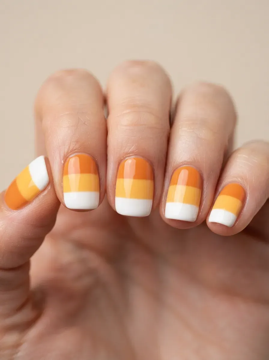 Short nails featuring white yellow and orange candy corn color blocks