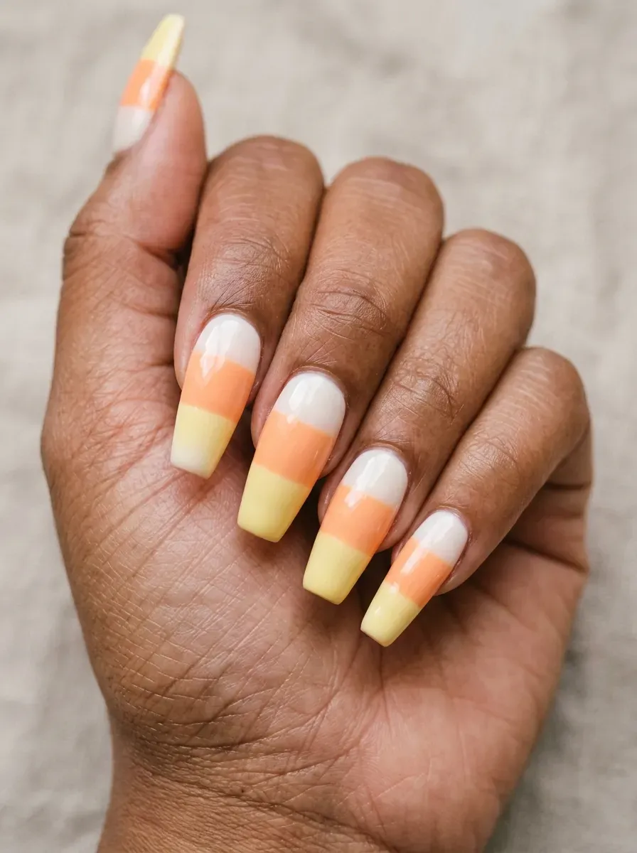 Medium coffin nails with cream orange yellow color blocks on warm skin