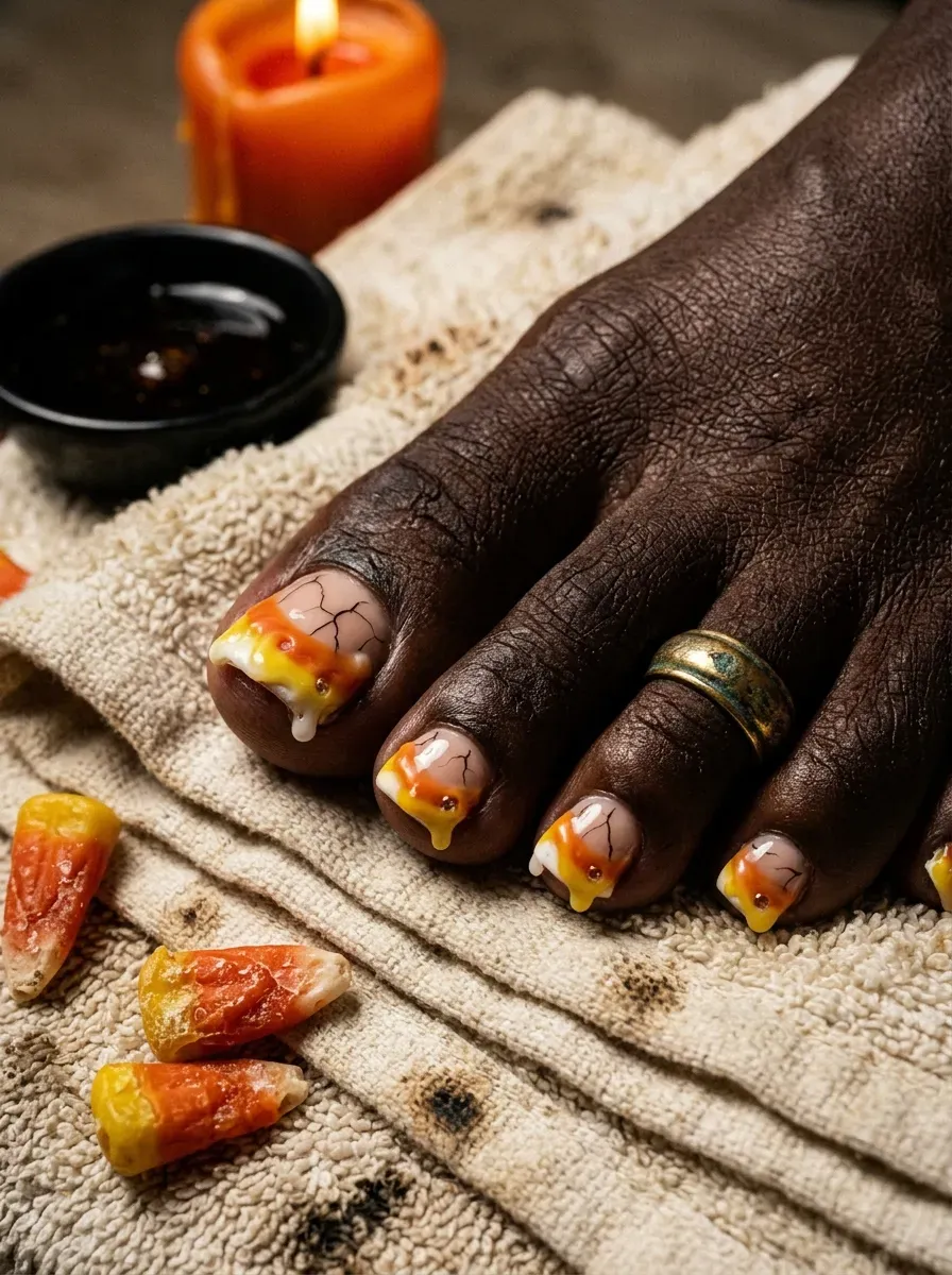 White yellow orange striped French tips on short Halloween toes