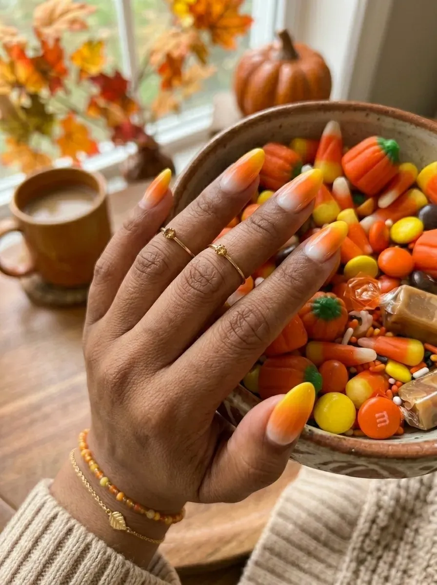 Gradient transition from white to orange to yellow on almond nails