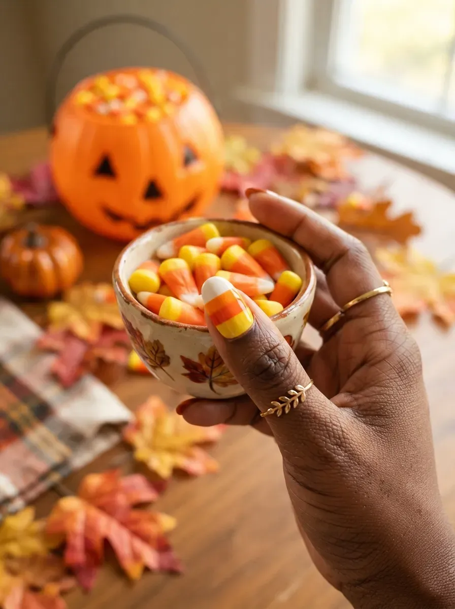 One short nail with horizontal yellow orange and white candy corn stripes on deep brown skin