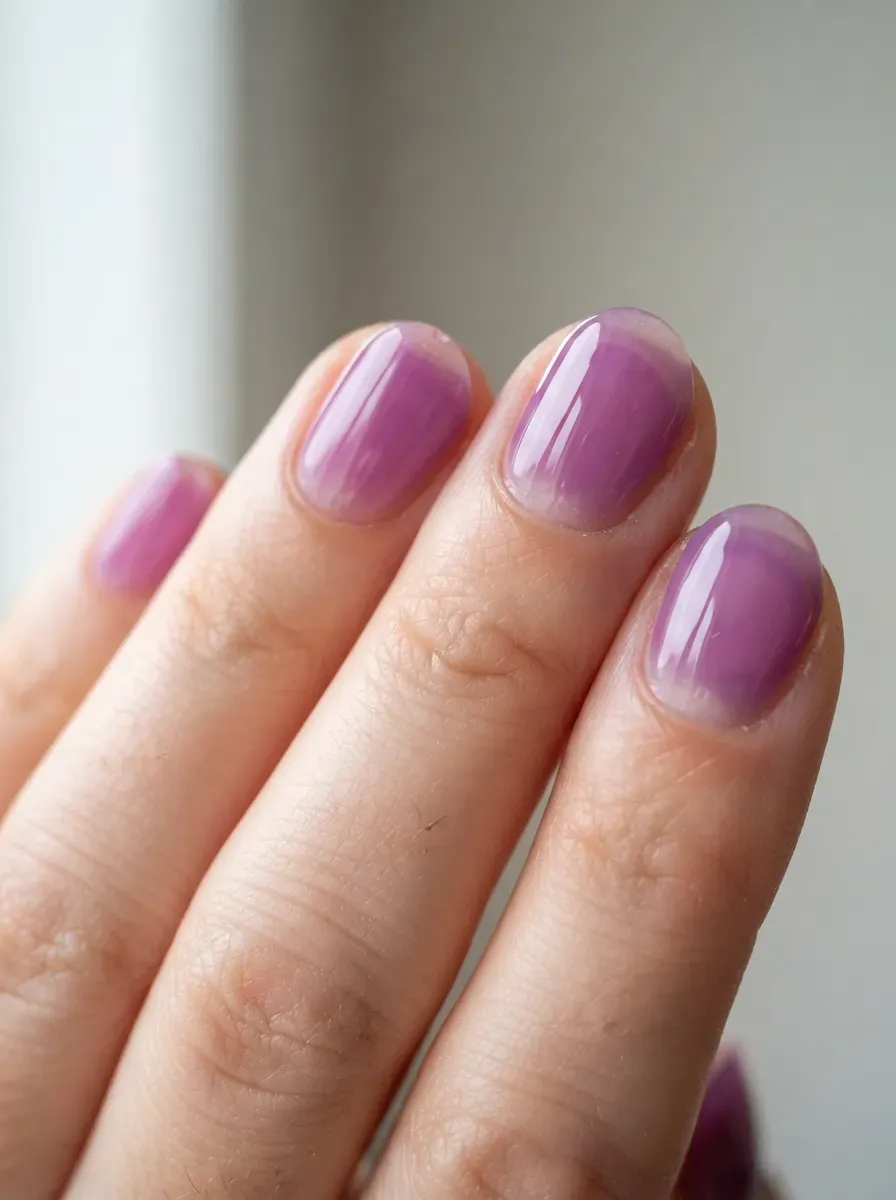 Short translucent purple jelly nails with glossy candy inspired Halloween finish