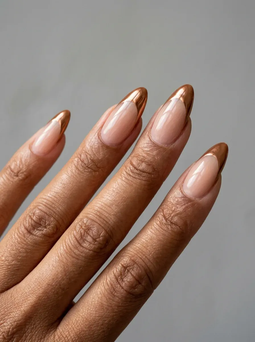 Long almond nails with caramel chrome French tips over nude gel bases