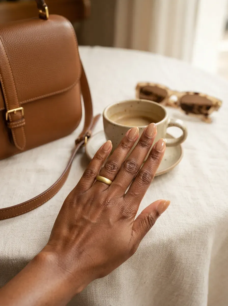Caramel deep French tips on oval nails with warm brown skin