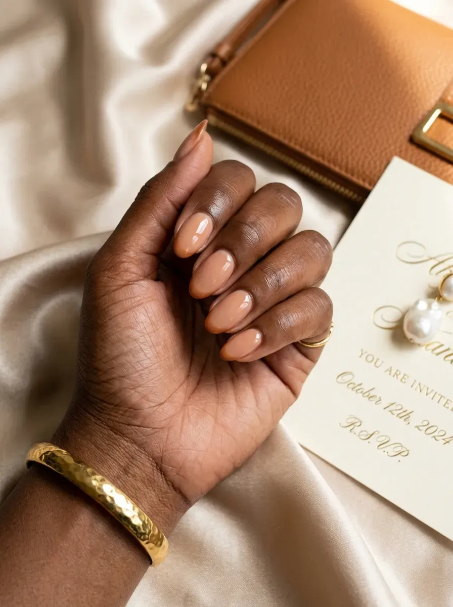 Caramel French tips on nude oval nails with deep brown skin