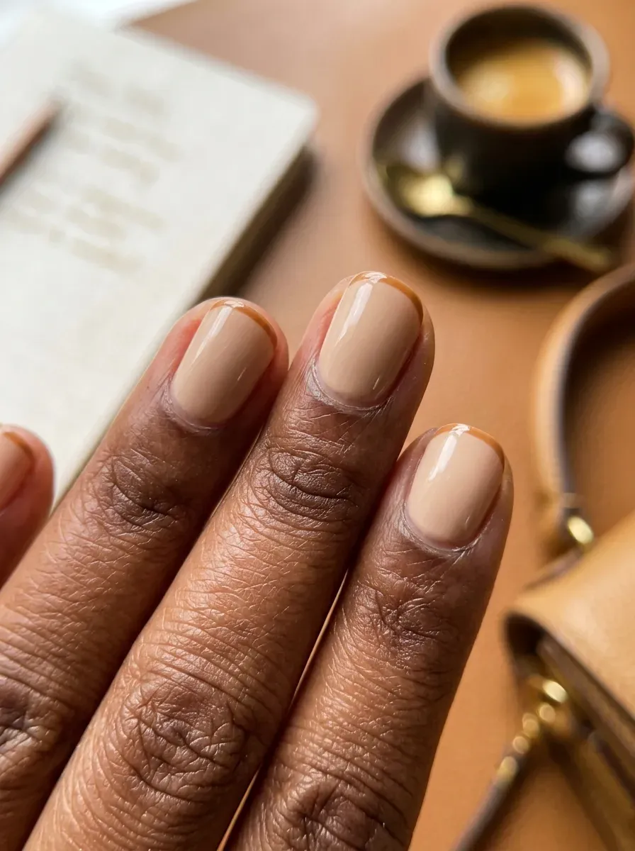 Fine caramel French tips on short nude nails with deep brown skin