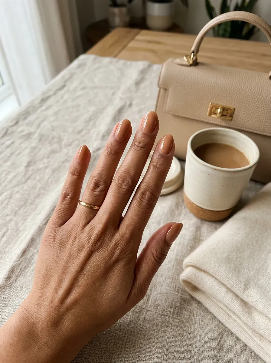 Short oval nails painted in warm glossy caramel nude polish