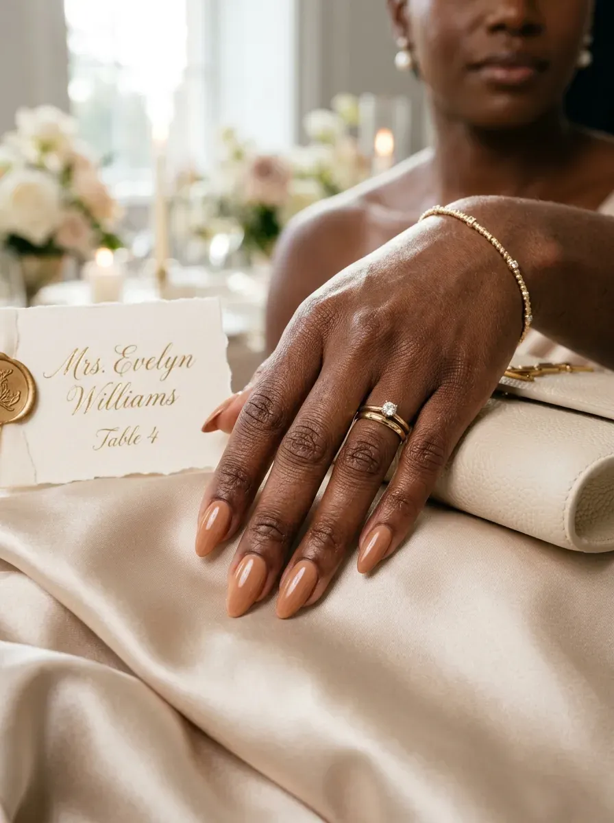 Warm caramel nude nails on rich dark skin with gold wedding accessories