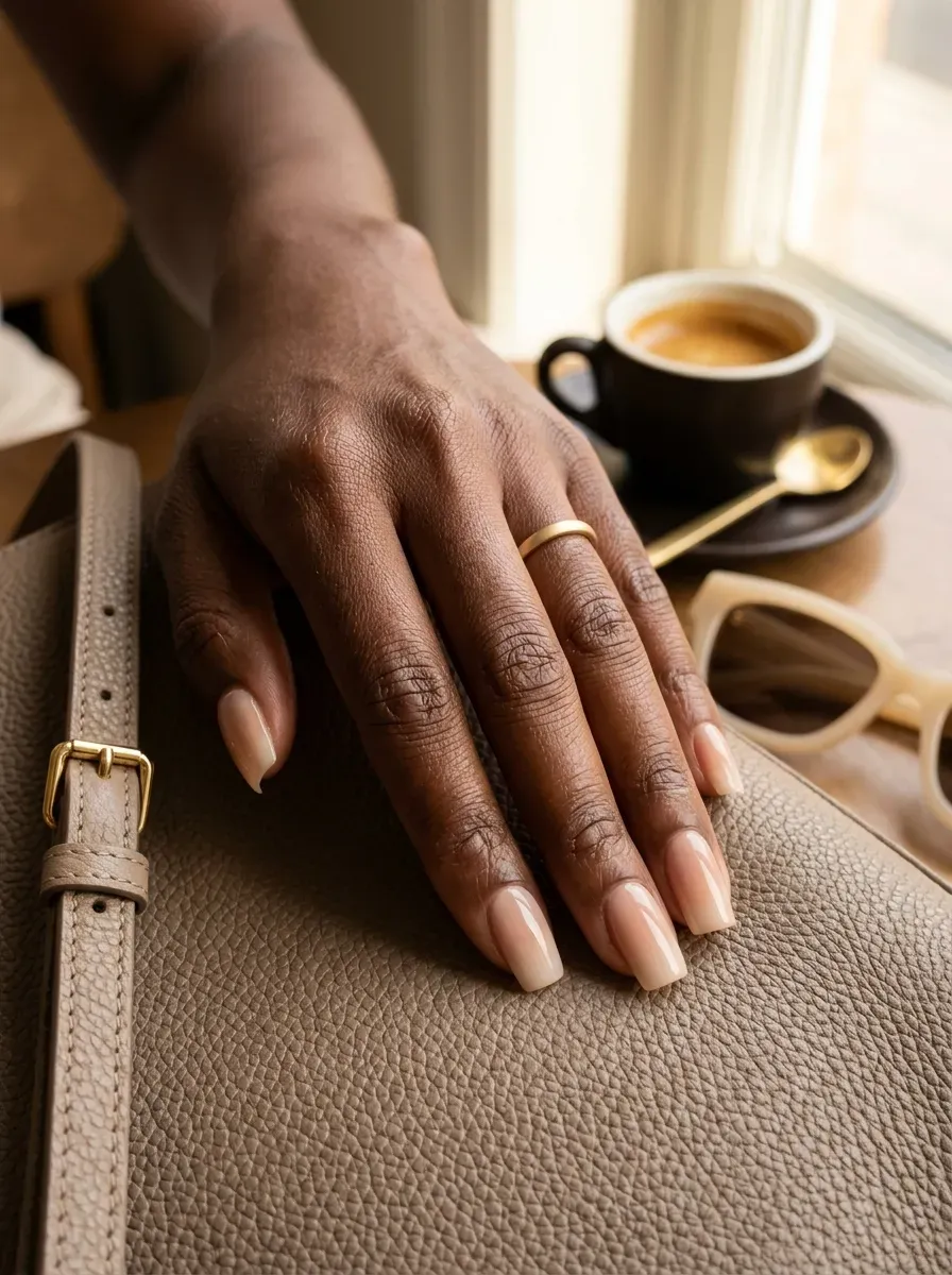 Caramel French ombré on almond nails over deep brown skin
