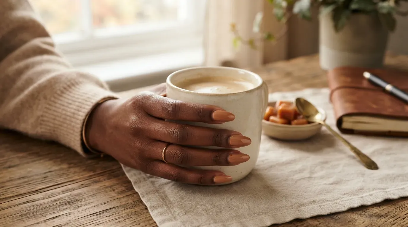 Long oval nails decorated with caramel cream and espresso marble swirls