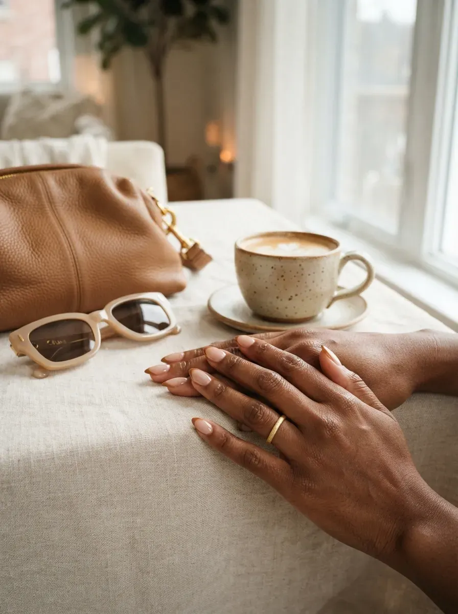 Caramel French tips over beige nude nails on warm brown skin