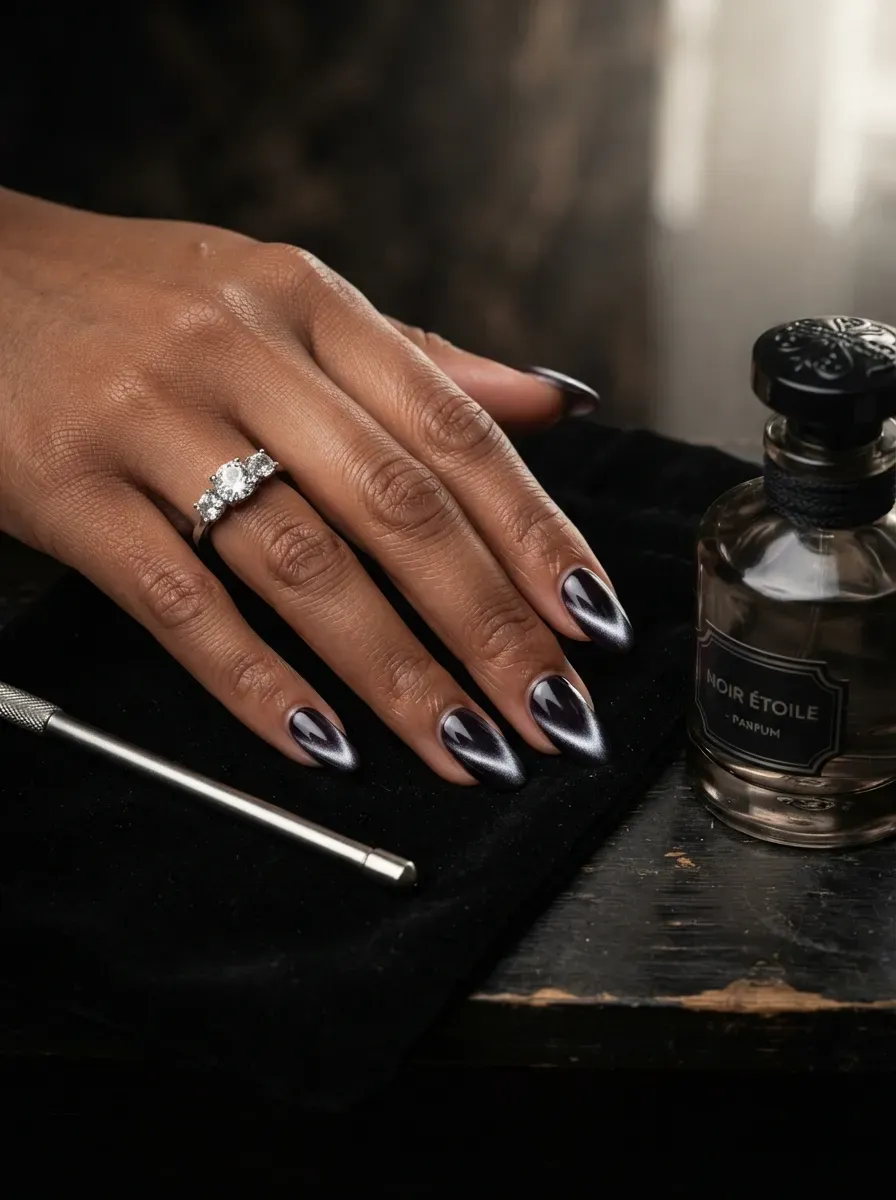 Magnetic cat eye French tips glowing across almond nails on warm brown skin