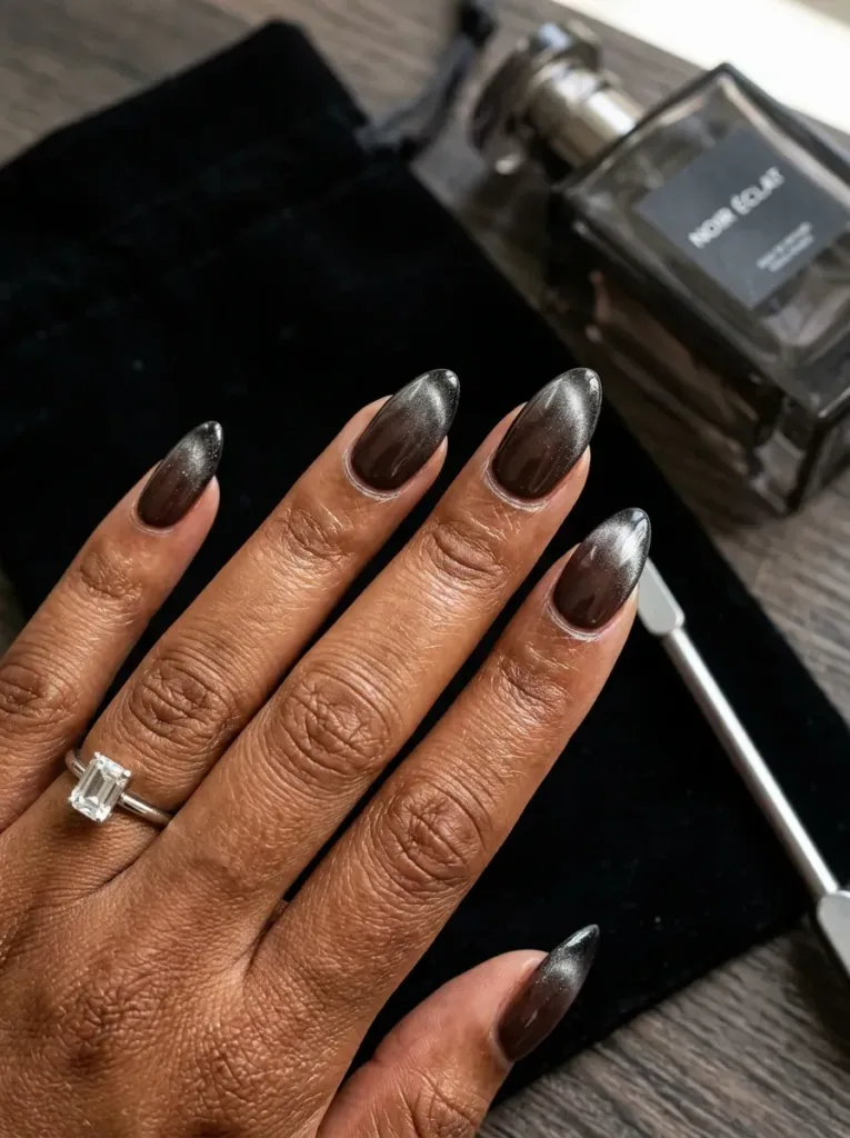 Magnetic cat eye French ombré on almond nails with warm brown skin