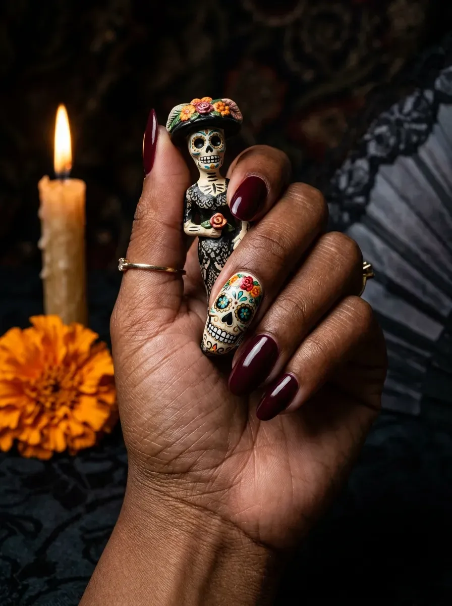 One accent nail with a hand painted La Catrina skull face design on deep chestnut skin