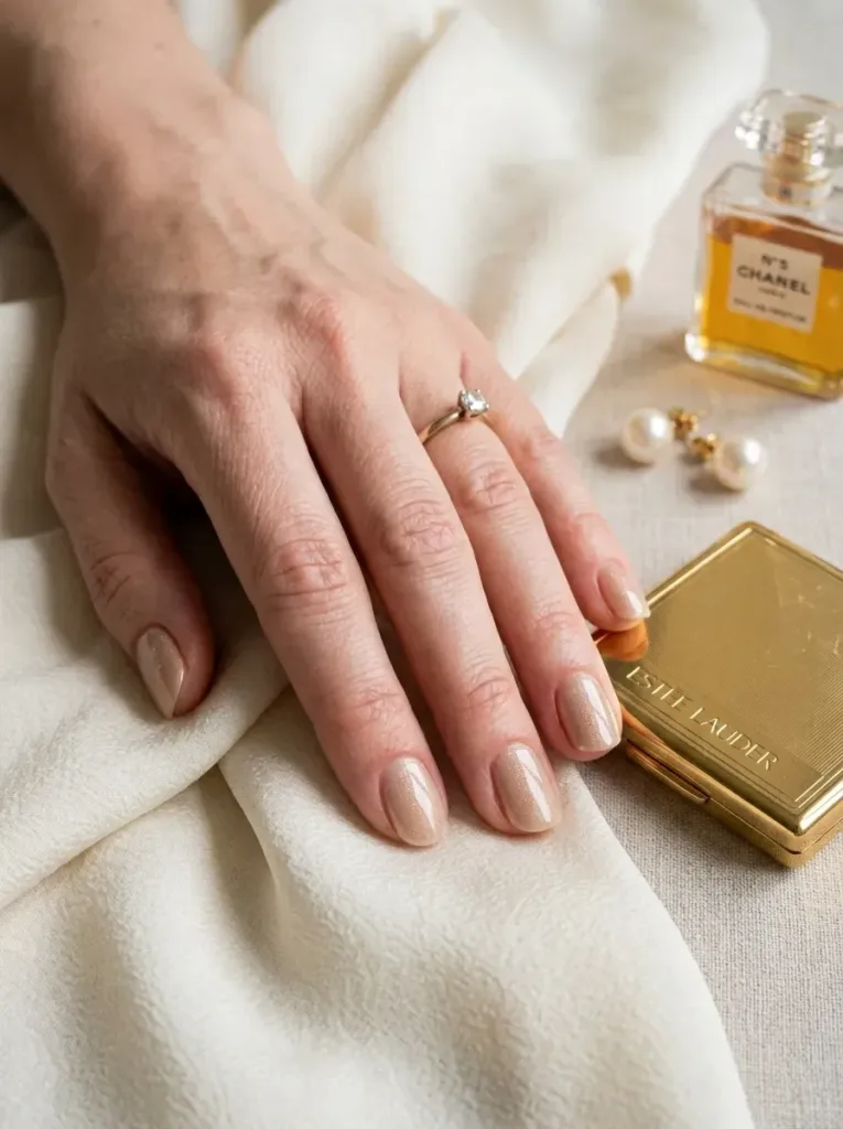 Short rounded nails painted champagne beige with fine shimmer
