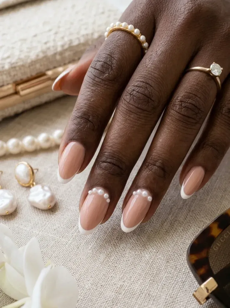 Long coffin nails with champagne chrome finish on warm brown skin
