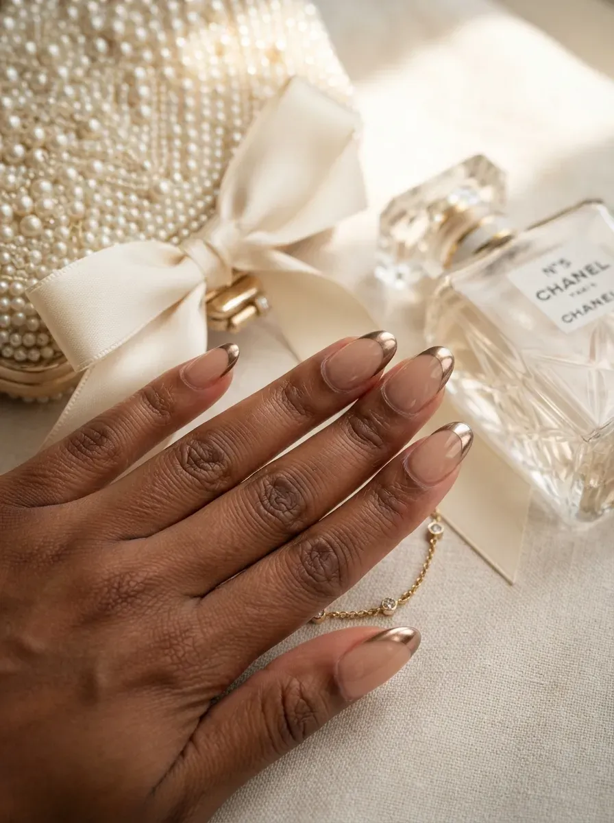 Champagne chrome deep French tips on oval nude nails with brown skin