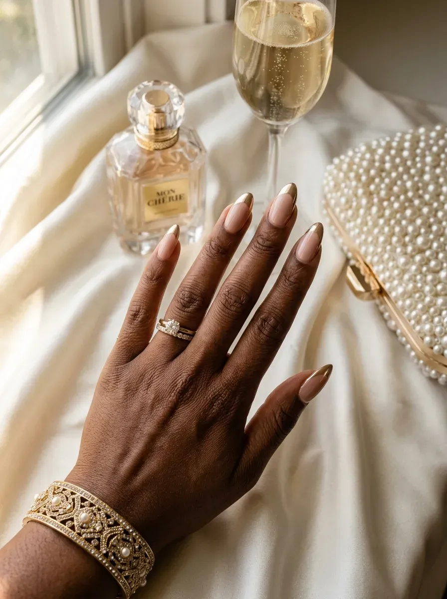Champagne chrome French tips on nude almond nails over rich brown skin