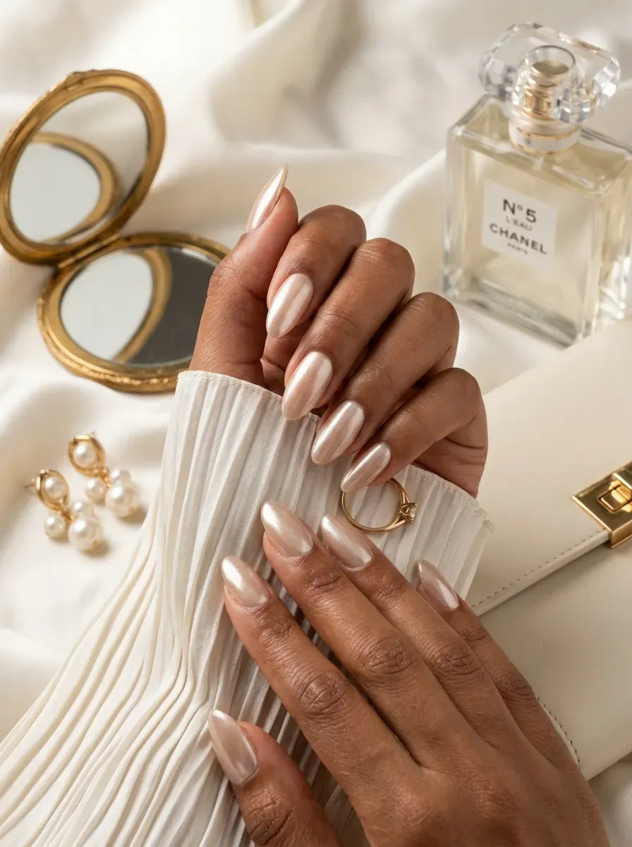 Champagne glazed almond nails on warm brown skin with elegant gold accessories